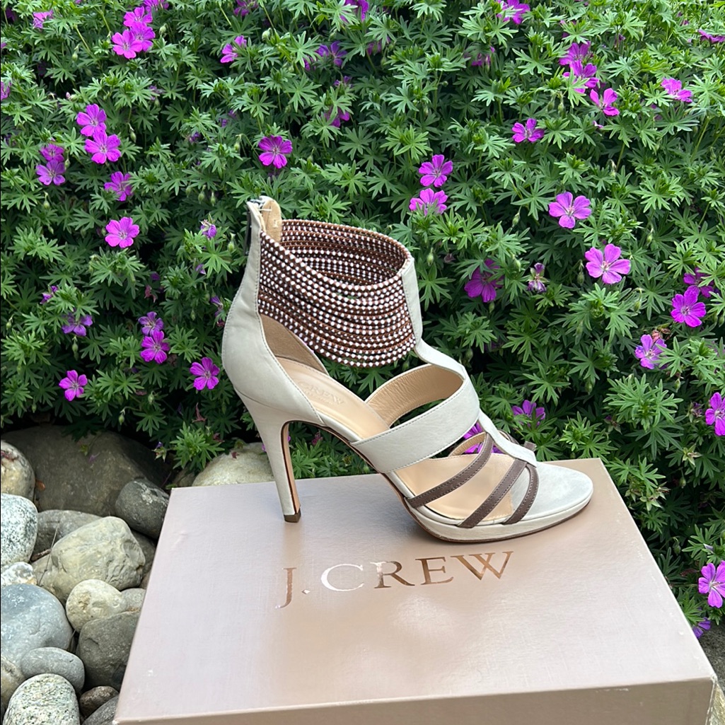 Nib J. Crew Bungee Women's Beige And Brown Ankle Strap Heels Sandals